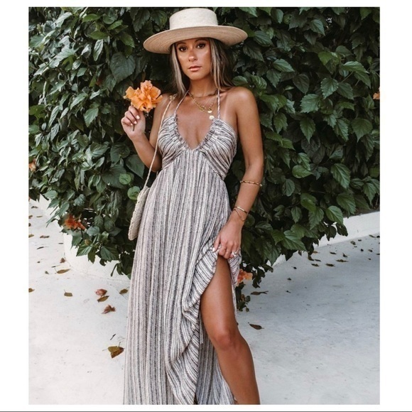 Rough Life-Gray Ivory Boho Halter Raw Edge Maxi Dress - Picture 2 of 13